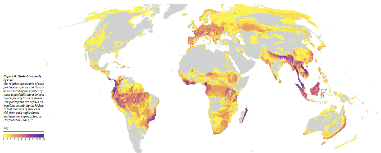 Regions most at risk of largest future declines in species populations. Image taken from Living Planet Report from WWF and ZSL.