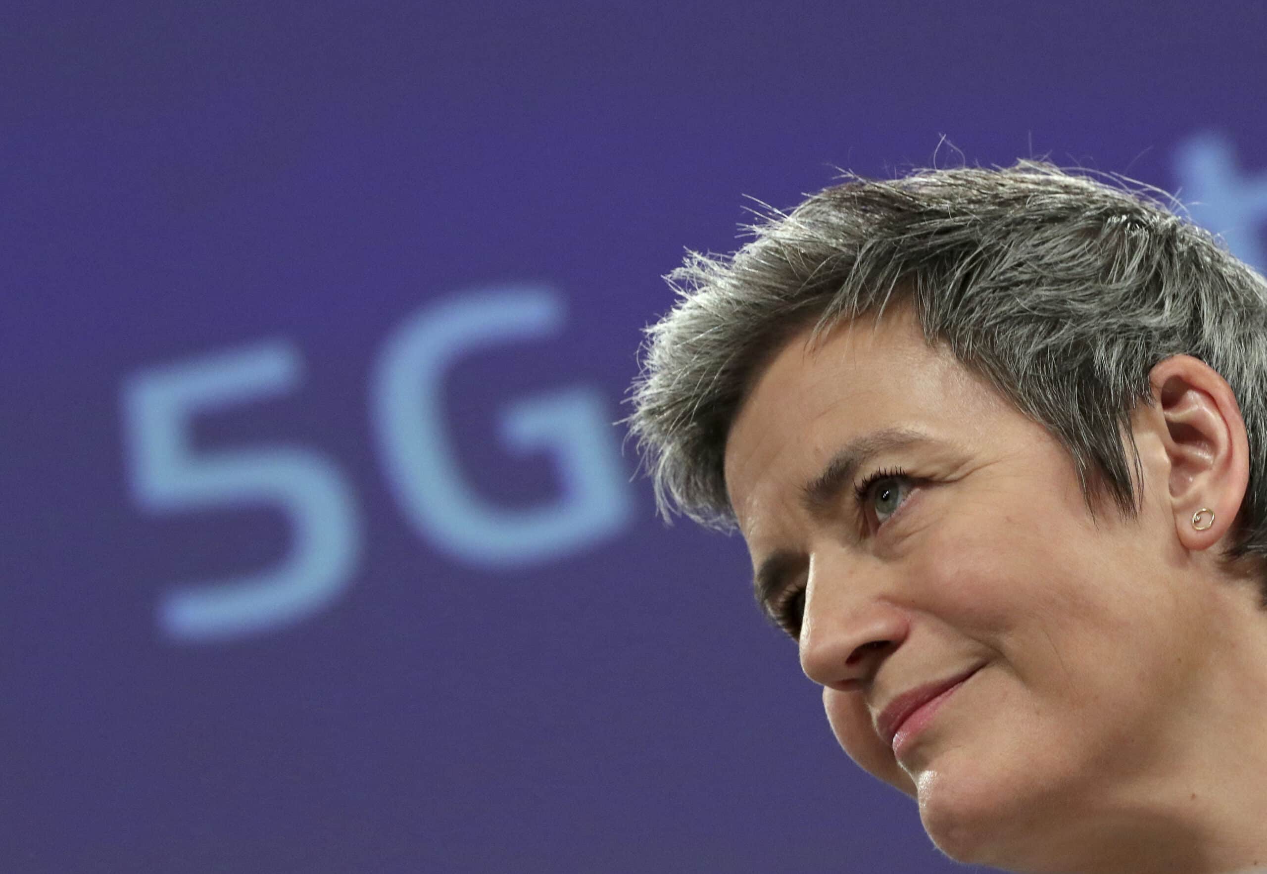 European Digital Economy Commissioner Margrethe Vestager looks on as she communicates on the EU's 5G plan in Brussels, Belgium January 29, 2020.