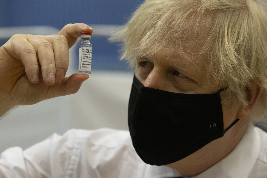 Prime Minister Boris Johnson visits a vaccine centre at the Cwmbran Stadium in Cwmbran, Wales.