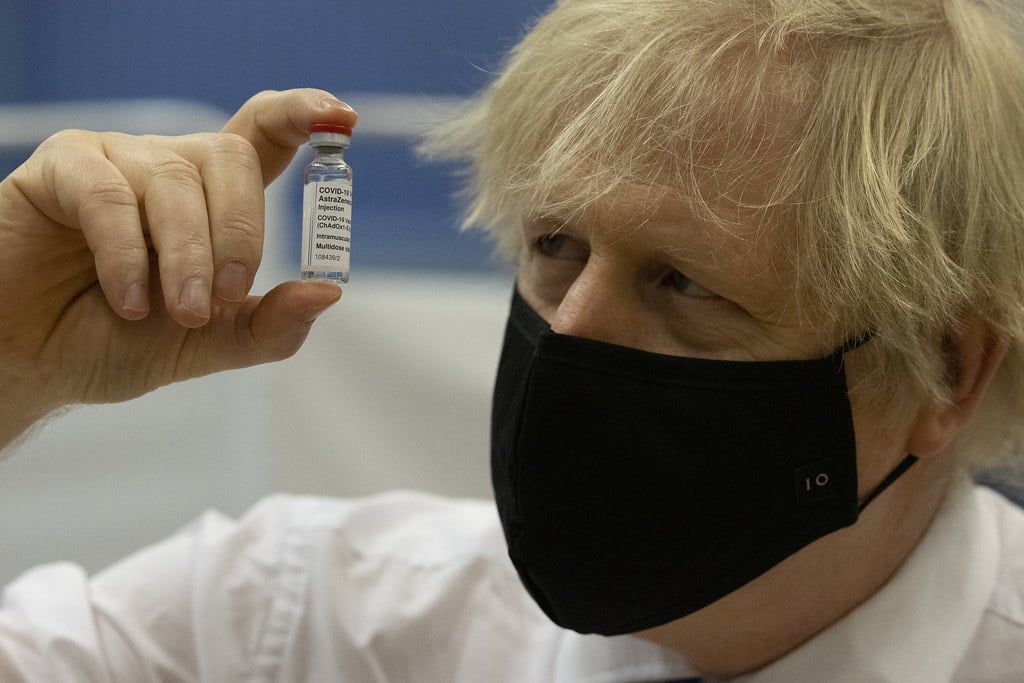 Prime Minister Boris Johnson visits a vaccine centre at the Cwmbran Stadium in Cwmbran, Wales.