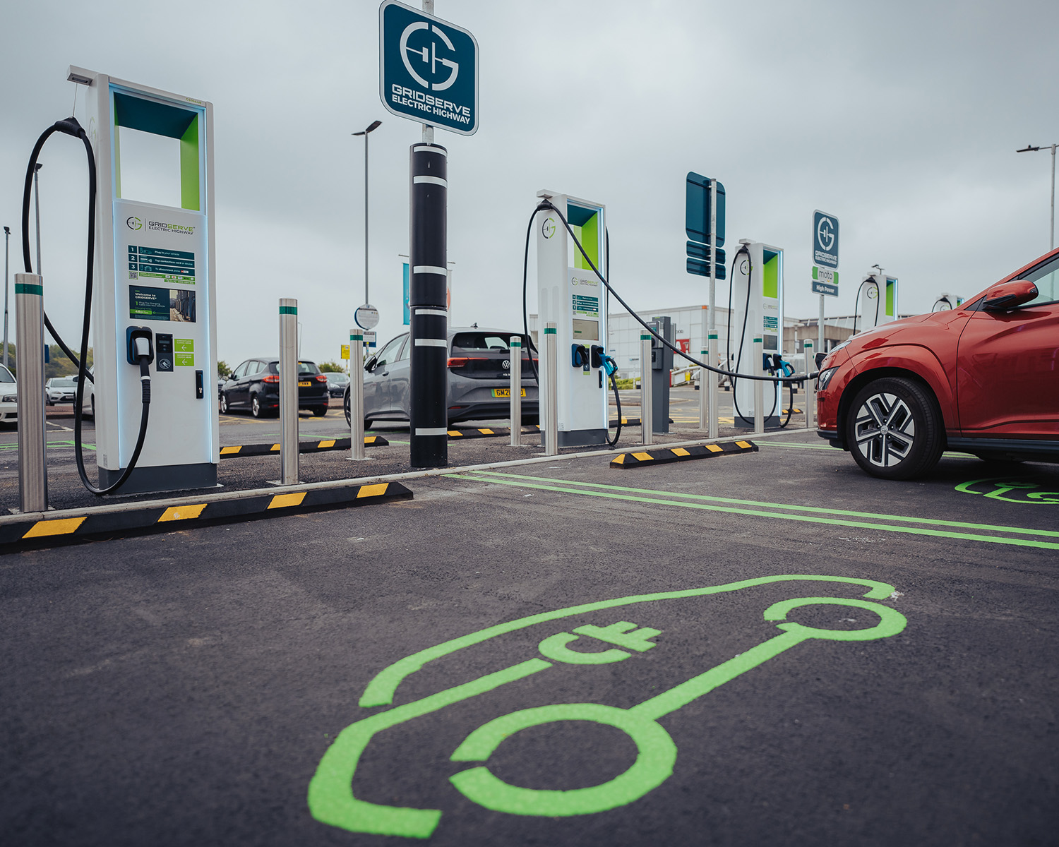The number of fast-charging stations is increasing, such as the new GRIDSERVE High Power Electric Super Hub at Moto Thurrock, featuring 12 350kW-capable chargers