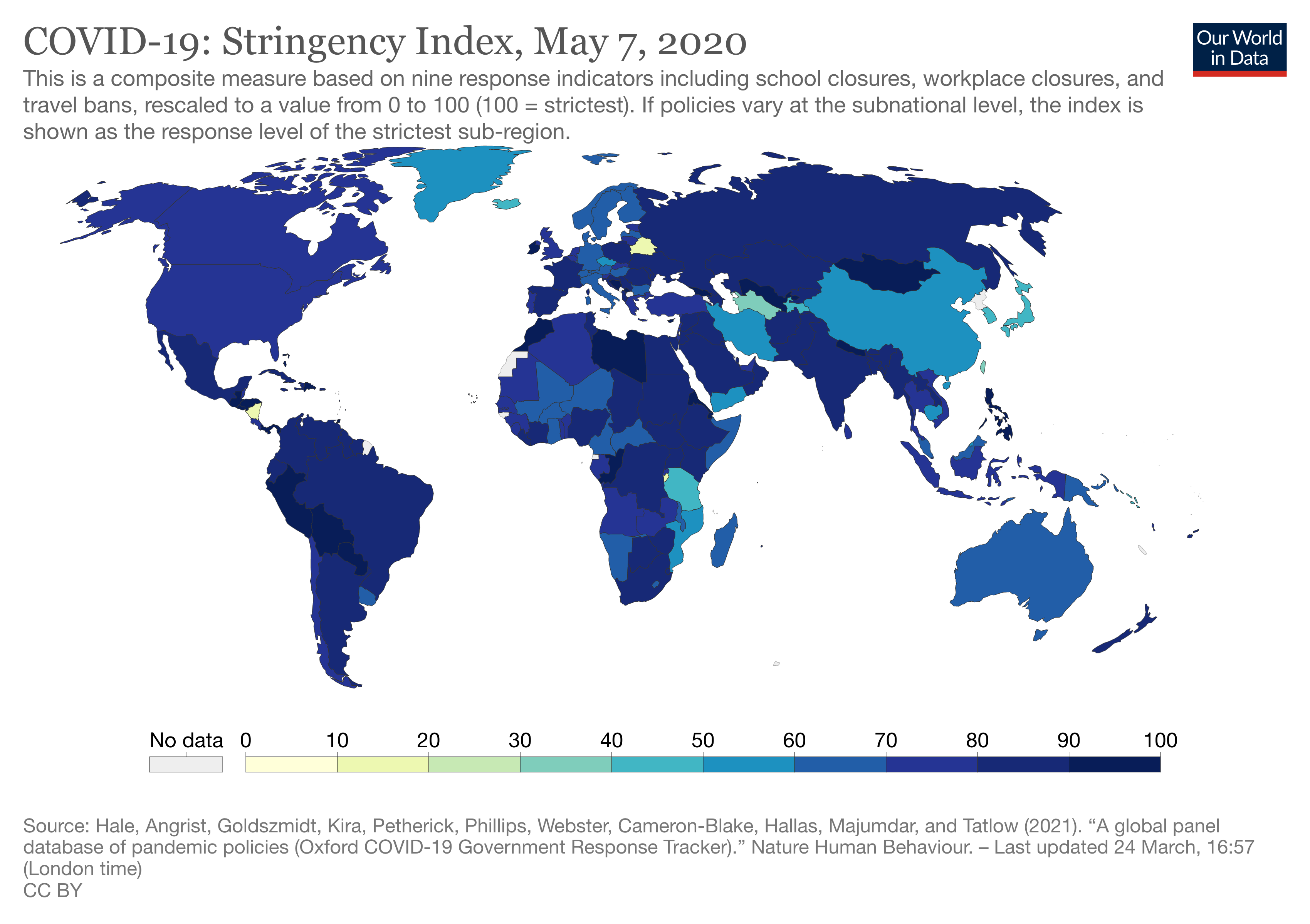 Visualisation of the "Stringency Index" showing severity of policy responses across the world.
