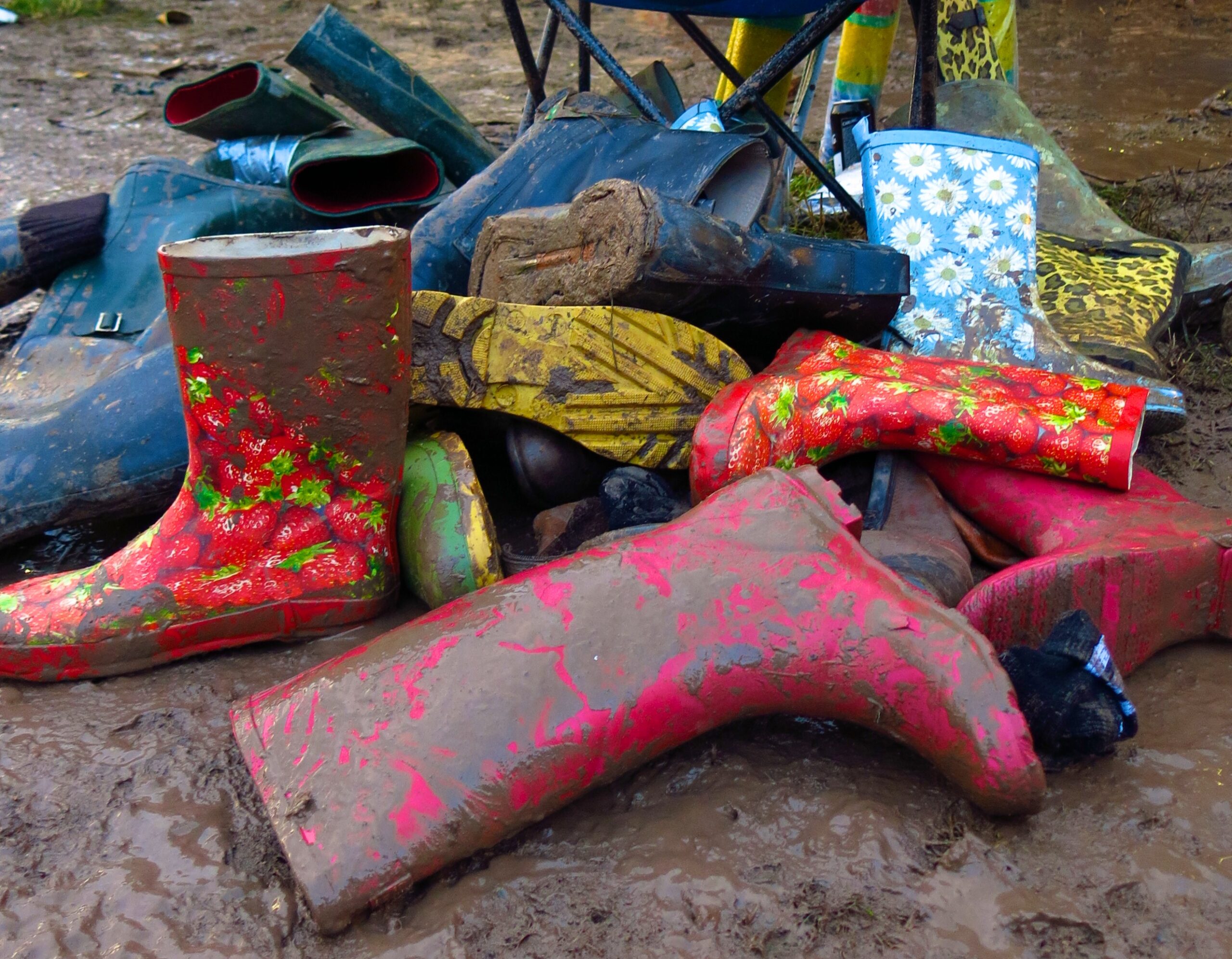 Wellington boots discarded at the Glastonbury Festival.