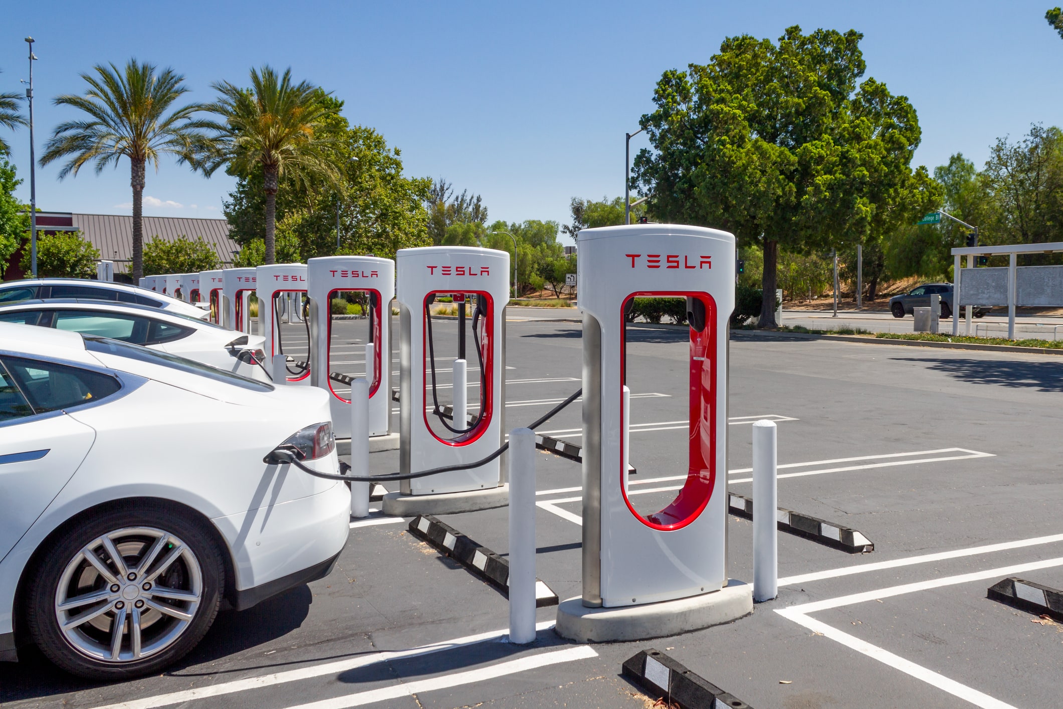 A Tesla charging station, Brea, CA, USA