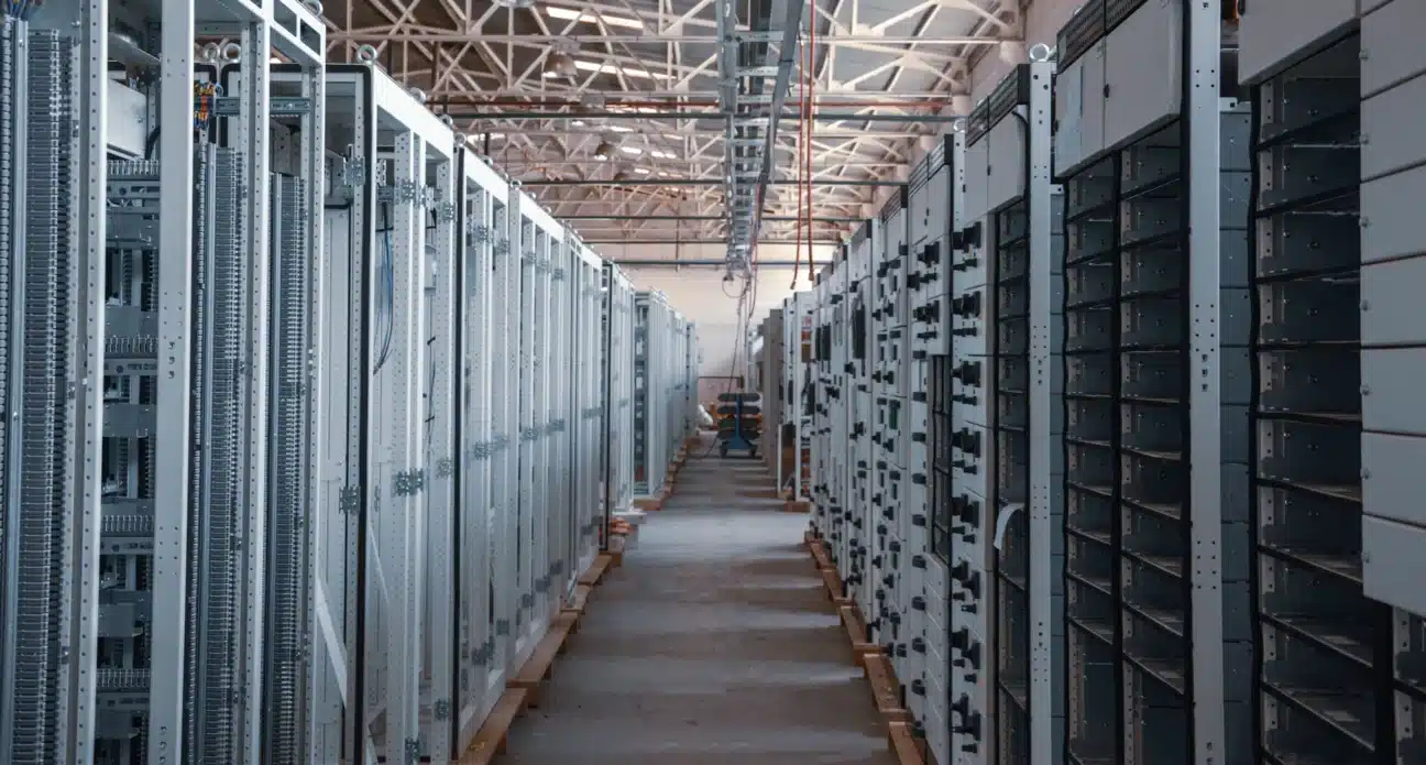 Aisle between rows of server racks in a data centre