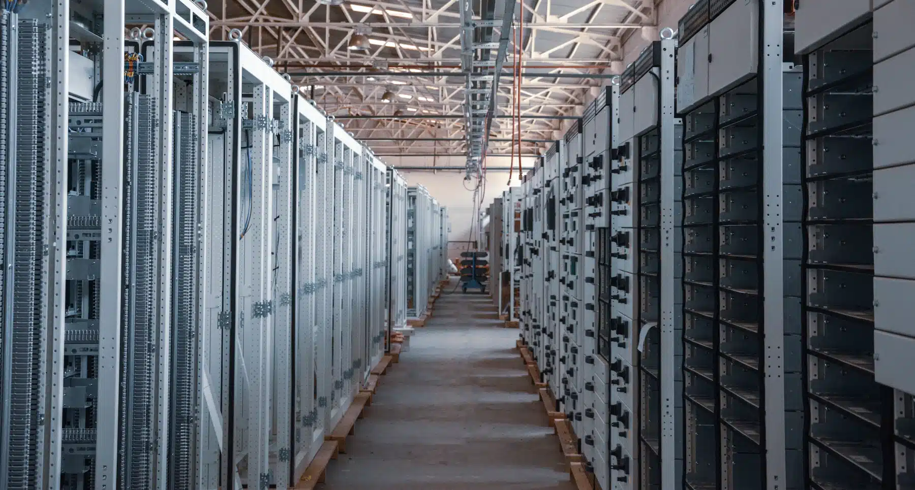 Data centre server aisle Aisle between rows of server racks in a data centre
